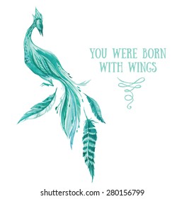 Hand-drawn card with mystic mint bird. Watercolor vector