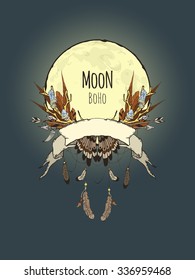 Hand-drawn card templates for your design with a composition of the elements Boho (branches with crystals, feathers, arrows, etc.) on the background of the full moon, moonlit