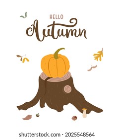 Hand-drawn card with a tree stump and a pumpkin with lettering - hello Autumn. Cute doodle composition decorated with leaves and seeds. For card, postcard, sticker, poster, print, decoration. Vector.