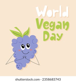 Handdrawn card for world vegan day with cute smiling grape. Vector illustration.