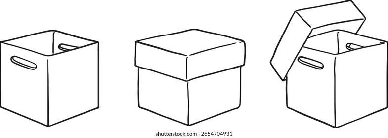 Hand-drawn cardboard and paper boxes in various shapes, sizes, and states, including closed, open, and damaged. This versatile doodle set is perfect for designs related to shipping, delivery, storage.