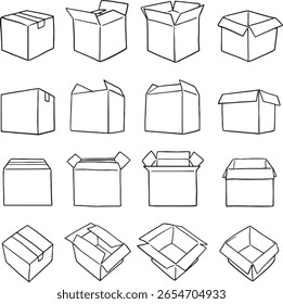 Caixas de papel e cartão desenhadas à mão em várias formas, tamanhos e estados, incluindo fechadas, abertas e danificadas. Este versátil conjunto de doodle é perfeito para projetos relacionados ao transporte, entrega, armazenamento.