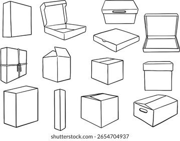 Hand-drawn cardboard and paper boxes in various shapes, sizes, and states, including closed, open, and damaged. This versatile doodle set is perfect for designs related to shipping, delivery, storage.