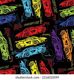 Hand-drawn cars. Bright seamless pattern. Vector
