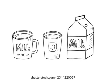 Hand-drawn carton box milk, mug, and glass of milk doodle cartoon outline vector.