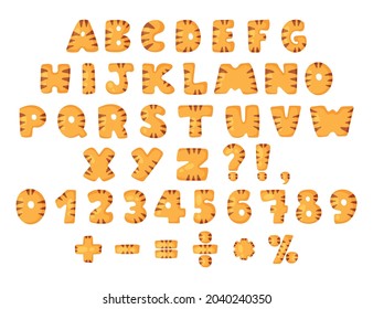 Handdrawn cartoon alphabet letters and numbers set with tiger skin pattern. Vector illustration