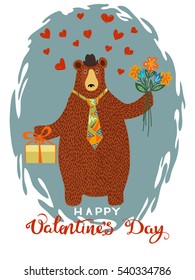 Hand-drawn cartoon bear wearing a sweater and a hat with a gift and a flowers in his paws. Happy Valentines Day greeting card design. Vector illustration.