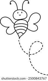 Hand-drawn cartoon bee with dashed flight path line.