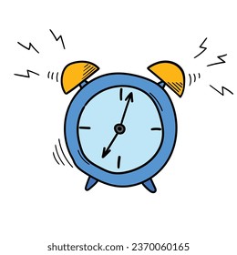 A hand-drawn cartoon blue alarm clock isolated on a white background. Flat design. Vector illustration.