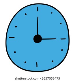 Handgezeichnete, blaue Cartoonuhr einzeln auf weißem Hintergrund. Vektorgrafik.