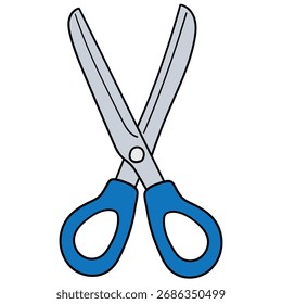 Tijeras abiertas azules dibujadas a mano de la historieta aisladas en un fondo blanco. Ilustración vectorial.