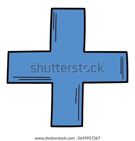 Hand-drawn cartoon blue plus sign isolated on a white background. Vector illustration.