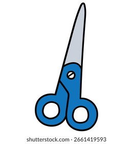 Tijeras azules dibujadas a mano de la historieta aisladas en un fondo blanco. Ilustración vectorial.