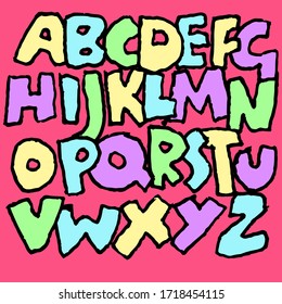 Handdrawn cartoon bold font. Kids grunge lettering. Vector illustration.
