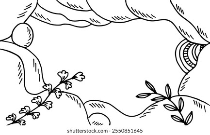 Hand-drawn cartoon border frame of a stone cave with branches and leaves.