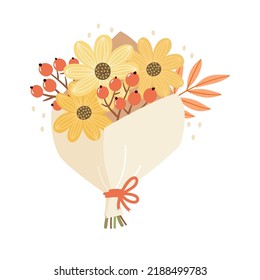 Hand-drawn cartoon bouquet with rowan branches and leaves. Pretty floral illustration for teachers day and other fall holidays. Seasonal design with autumn flowers.