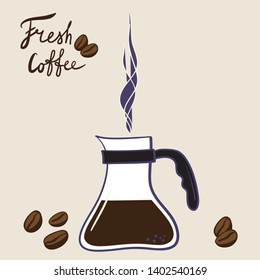 hand-drawn cartoon brewed coffee in the kettle, coffee beans, inscription - fresh coffee logo for the coffee shop