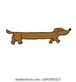 A hand-drawn cartoon brown dachshund dog isolated on a white background. Flat design. Vector illustration.