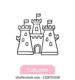 Hand-drawn cartoon castle. Doodle fairytale castle for princess. Vector Illustration good for logo, greeting card, banner, invitation or flyer. 