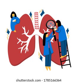 Hand-drawn cartoon characters study human lungs. Doctors examine the respiratory system, pulmonology. A bright color medical illustration isolated on a white background.