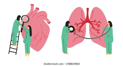 Hand-drawn cartoon characters study human organs. Doctors examine the lungs and heart. Disease prevention. Color medical illustration isolated on a white background. The concept of public health.