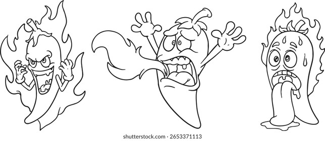 hand-drawn cartoon chili peppers expressing extreme spiciness and heat. Featuring characters that are angry, screaming, and sweating from the fiery sensation. Perfect for themes related to spicy food.