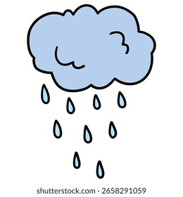 Nube de dibujos animados dibujada a mano con lluvia aislada sobre un fondo blanco. Ilustración vectorial.