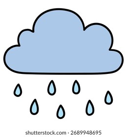 Nube de dibujos animados dibujada a mano con lluvia aislada sobre un fondo blanco. Ilustración vectorial.