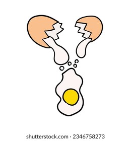 Hand-drawn cartoon cracked raw chicken egg isolated on a white background. Flat design. Vector illustration.