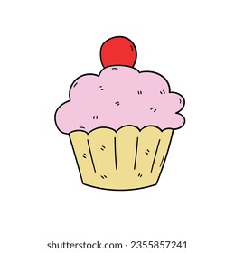 A hand-drawn cartoon cupcake with a cherry isolated on a white background. Flat design. Vector illustration.