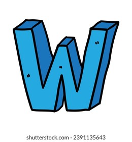 Hand-drawn cartoon doodle blue letter W isolated on a white background. Flat design. Vector illustration.