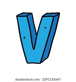 Hand-drawn cartoon doodle blue letter V isolated on a white background. Flat design. Vector illustration.