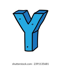 Hand-drawn cartoon doodle blue letter Y isolated on a white background. Flat design. Vector illustration.