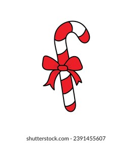 Hand-drawn cartoon doodle Christmas candy with a bow isolated on a white background. The concept of New Year and Christmas. Flat design. Vector illustration.