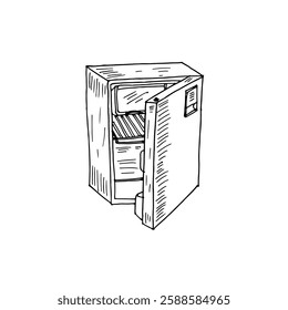 Hand-drawn cartoon doodle of an empty refrigerator with its door open.
