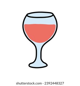 A hand-drawn cartoon doodle of a glass of red wine isolated on a white background. The concept of alcoholic beverages. Flat design. Vector illustration.