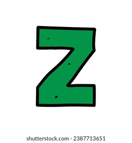 Hand-drawn cartoon doodle green letter Z isolated on a white background. Flat design. Vector illustration.