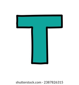 Hand-drawn cartoon doodle green letter T isolated on a white background. Flat design. Vector illustration.