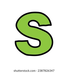 Hand-drawn cartoon doodle green letter S isolated on a white background. Flat design. Vector illustration.
