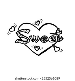 Hand-drawn cartoon doodle of a heart shape with the word "Sweet" written.
