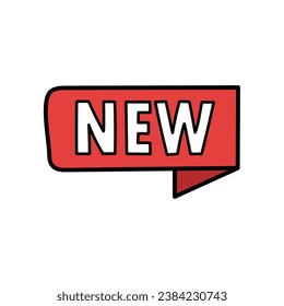 A hand-drawn cartoon doodle icon red new label isolated on a white background. Flat design. Vector illustration.