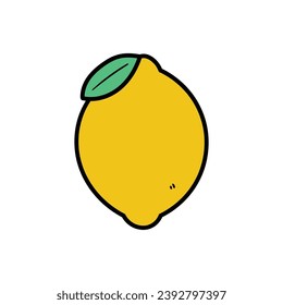 A hand-drawn cartoon doodle of a lemon with a green leaf isolated on a white background. The concept of vegetarianism and healthy eating. Flat design. Vector illustration.