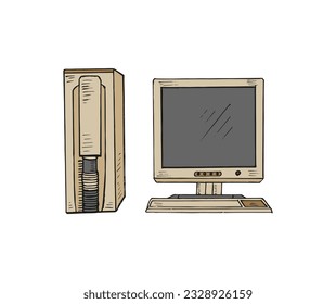 Hand-drawn cartoon doodle old retro computer vector illustration.