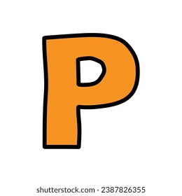 Hand-drawn cartoon doodle orange letter P isolated on a white background. Flat design. Vector illustration.