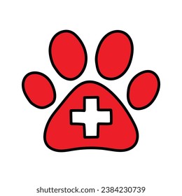 Hand-drawn cartoon doodle paw first aid cross icon isolated on a white background. Flat design. Vector illustration.