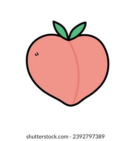 A hand-drawn cartoon doodle of a peach with a leaf isolated on a white background. The concept of healthy eating, vegetarianism. Flat design. Vector illustration.