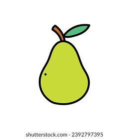 Ein handgezeichneter Cartoon-Doodle einer Birne mit einem Blatt einzeln auf weißem Hintergrund. Das Konzept des Vegetarismus und gesunde Ernährung. Flaches Design. Vektorgrafik.