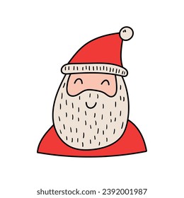 Hand-drawn cartoon doodle portrait of a happy Santa Claus isolated on a white background. The concept of New Year and Christmas. Flat design. Vector illustration.