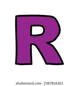 Hand-drawn cartoon doodle purple letter R isolated on a white background. Flat design. Vector illustration.