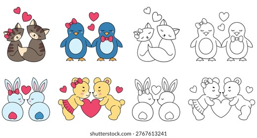 Hand-drawn cartoon and doodle set of couple animals in love isolated on a white background. Foxes, penguins, rabbits, bears. Vector illustration.